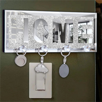 Crushed Diamond Mirrored Wall Mounted Key Hooks Storage Holder HOME Letter Sign Home Decor.