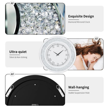 P&P Silver Crushed Diamond Square Wall Clock Luxury Decorative 60x60cm.
