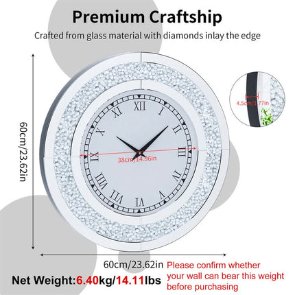 P&P Silver Crushed Diamond Square Wall Clock Luxury Decorative 60x60cm.