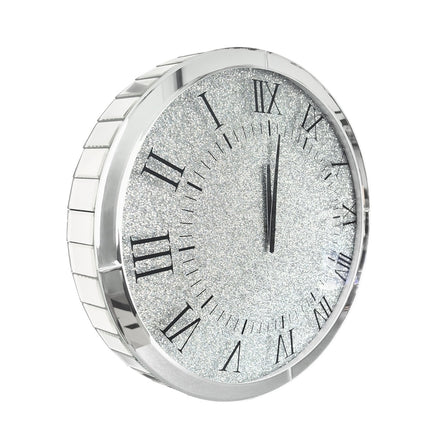Large Silver Wall Clock Twinkle Crushed Diamond Mirrored Clock With Beveled Edge.