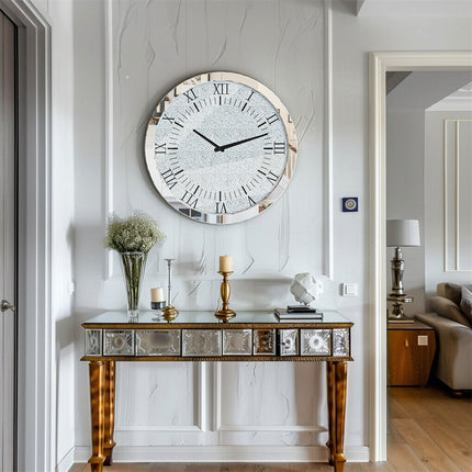 Large Silver Wall Clock Twinkle Crushed Diamond Mirrored Clock With Beveled Edge.