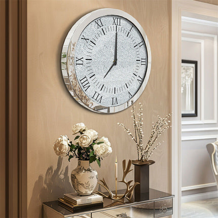 Large Silver Wall Clock Twinkle Crushed Diamond Mirrored Clock With Beveled Edge.