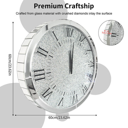 Large Silver Wall Clock Twinkle Crushed Diamond Mirrored Clock With Beveled Edge.