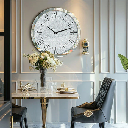 Large Silver Wall Clock Twinkle Crushed Diamond Mirrored Clock With Beveled Edge.