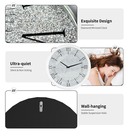 Large Silver Wall Clock Twinkle Crushed Diamond Mirrored Clock With Beveled Edge.