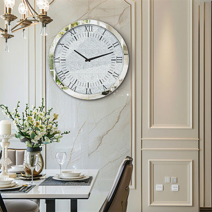 Large Silver Wall Clock Twinkle Crushed Diamond Mirrored Clock With Beveled Edge.
