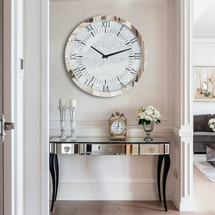Large Silver Wall Clock Twinkle Crushed Diamond Mirrored Clock With Beveled Edge.