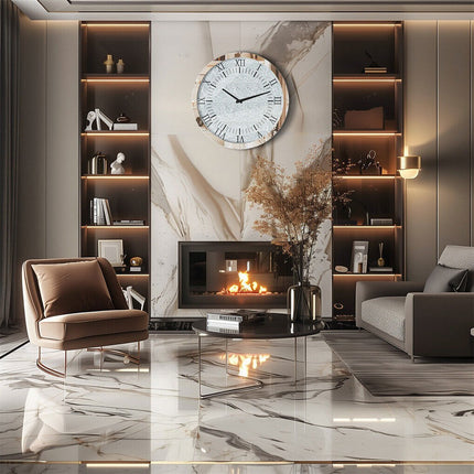 Large Silver Wall Clock Twinkle Crushed Diamond Mirrored Clock With Beveled Edge.