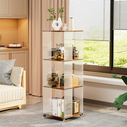 4-Tiered Floor Standing Storage Rack Acrylic Bookshelf with Crystal-like Casters.
