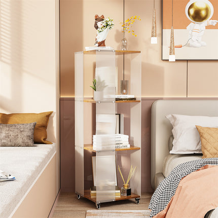 4-Tiered Floor Standing Storage Rack Acrylic Bookshelf with Crystal-like Casters.