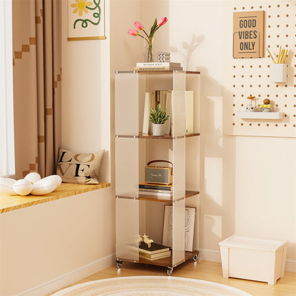 4-Tiered Floor Standing Storage Rack Acrylic Bookshelf with Crystal-like Casters.