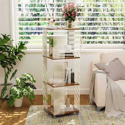 4-Tiered Floor Standing Storage Rack Acrylic Bookshelf with Crystal-like Casters.