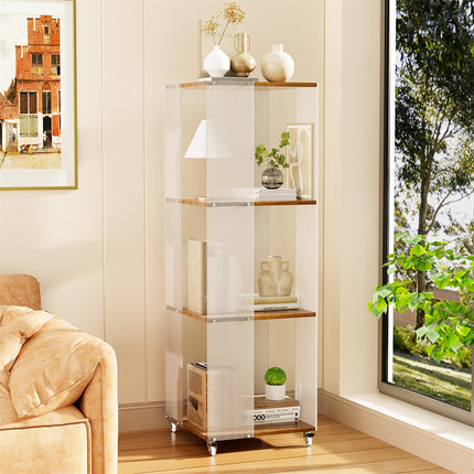 4-Tiered Floor Standing Storage Rack Acrylic Bookshelf with Crystal-like Casters.