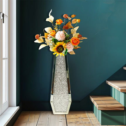 Silver Mirrored Floor Vase Luxury Diamond Flower Vase Living Room Home Office.