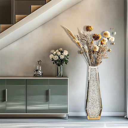 Silver Mirrored Floor Vase Luxury Diamond Flower Vase Living Room Home Office.