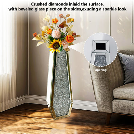 Silver Mirrored Floor Vase Luxury Diamond Flower Vase Living Room Home Office.