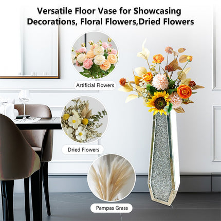 Silver Mirrored Floor Vase Luxury Diamond Flower Vase Living Room Home Office.
