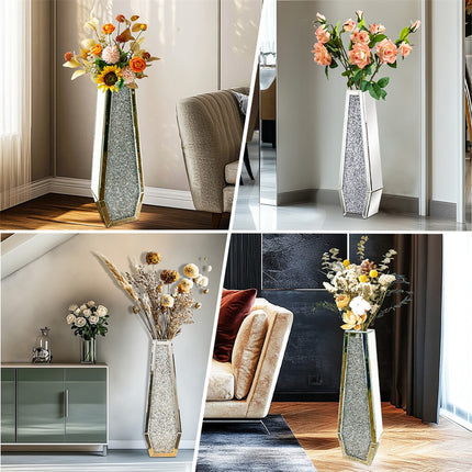 Silver Mirrored Floor Vase Luxury Diamond Flower Vase Living Room Home Office.