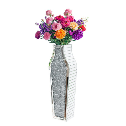Sparkling Crushed Diamond Mirrored Floor Vase Tall Silver Glass Fake Flower Vase.