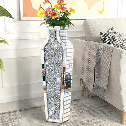 Sparkling Crushed Diamond Mirrored Floor Vase Tall Silver Glass Fake Flower Vase.
