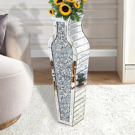 Sparkling Crushed Diamond Mirrored Floor Vase Tall Silver Glass Fake Flower Vase.