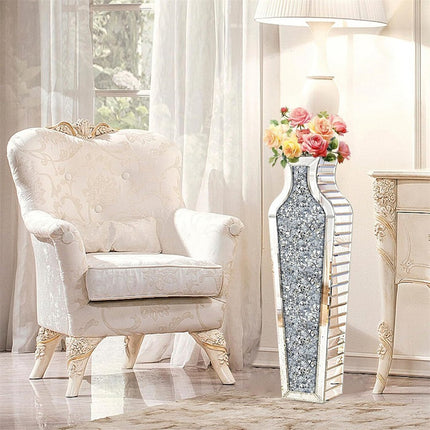 Sparkling Crushed Diamond Mirrored Floor Vase Tall Silver Glass Fake Flower Vase.