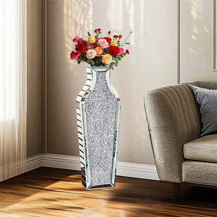 Sparkling Crushed Diamond Mirrored Floor Vase Tall Silver Glass Fake Flower Vase.