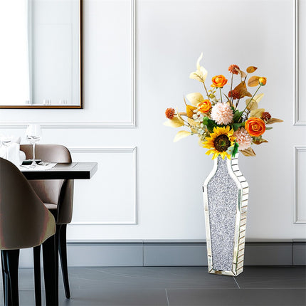 Sparkling Crushed Diamond Mirrored Floor Vase Tall Silver Glass Fake Flower Vase.