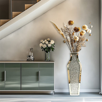 Sparkling Crushed Diamond Mirrored Floor Vase Tall Silver Glass Fake Flower Vase.