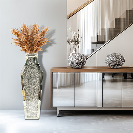 Sparkling Crushed Diamond Mirrored Floor Vase Tall Silver Glass Fake Flower Vase.