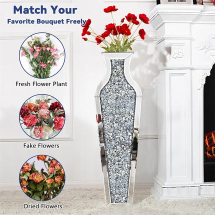 Sparkling Crushed Diamond Mirrored Floor Vase Tall Silver Glass Fake Flower Vase.
