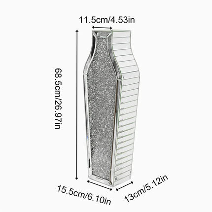 Sparkling Crushed Diamond Mirrored Floor Vase Tall Silver Glass Fake Flower Vase.