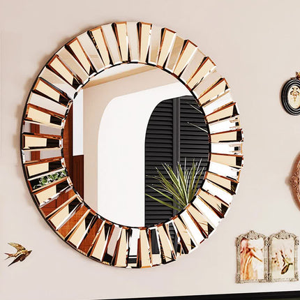 P&P Silver and Tawny Round Sunburst Mirror with Beveled Glass, Decorative Wall Accent.