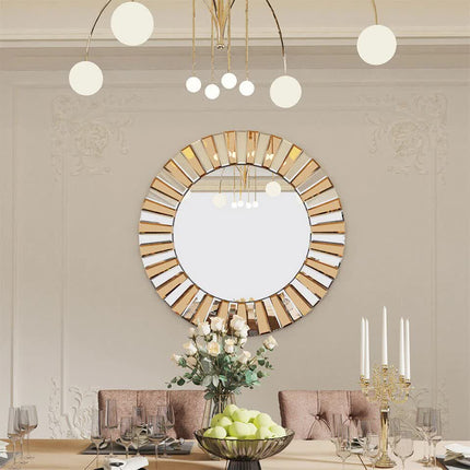 P&P Silver and Tawny Round Sunburst Mirror with Beveled Glass, Decorative Wall Accent.