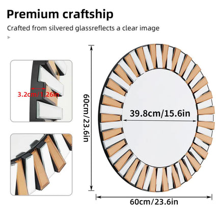 P&P Silver and Tawny Round Sunburst Mirror with Beveled Glass, Decorative Wall Accent.