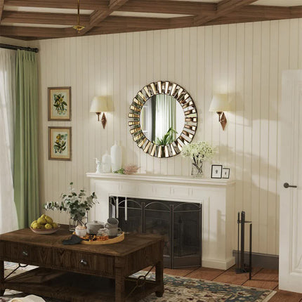 P&P Silver and Tawny Round Sunburst Mirror with Beveled Glass, Decorative Wall Accent.