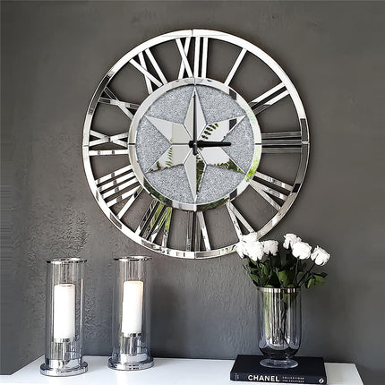 Sparkle Twinkle Crystal Diamond Wall Clock Silver Mirror Wall Decor Big Clocks.