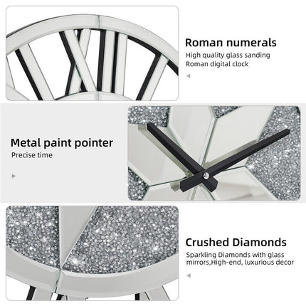 Sparkle Twinkle Crystal Diamond Wall Clock Silver Mirror Wall Decor Big Clocks.