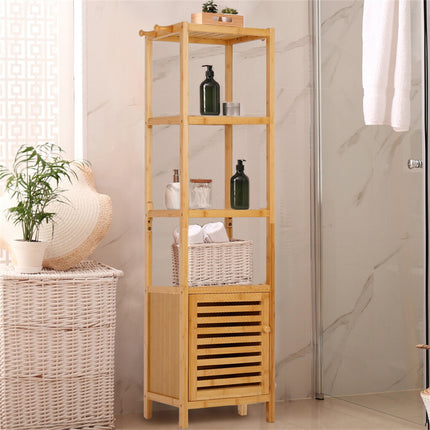 Large Bathroom Floor Cabinet Bamboo Storage Cupboard Living Room w/ Hook & Shelf.