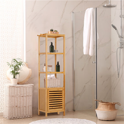 Large Bathroom Floor Cabinet Bamboo Storage Cupboard Living Room w/ Hook & Shelf.