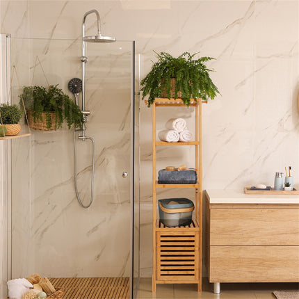 Large Bathroom Floor Cabinet Bamboo Storage Cupboard Living Room w/ Hook & Shelf.