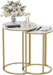 2Pcs Gold Marble Nesting Side End Tables Round Small Stacking Drink Coffee Table.