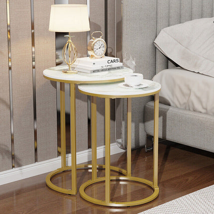 2Pcs Gold Marble Nesting Side End Tables Round Small Stacking Drink Coffee Table.
