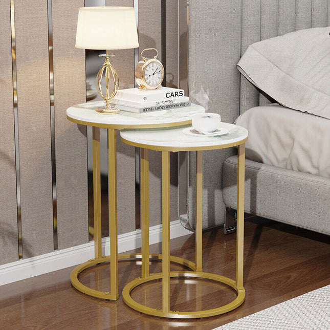 2Pcs Gold Marble Nesting Side End Tables Round Small Stacking Drink Coffee Table.