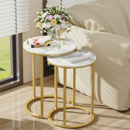 2Pcs Gold Marble Nesting Side End Tables Round Small Stacking Drink Coffee Table.