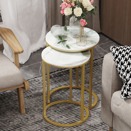 2Pcs Gold Marble Nesting Side End Tables Round Small Stacking Drink Coffee Table.