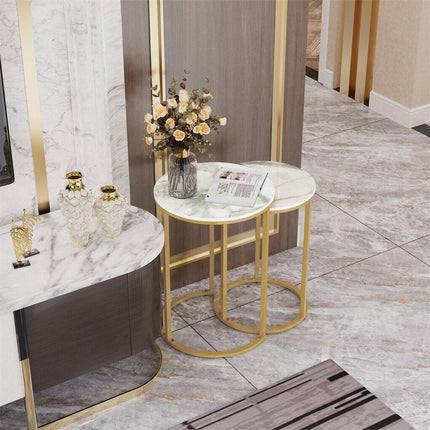 2Pcs Gold Marble Nesting Side End Tables Round Small Stacking Drink Coffee Table.