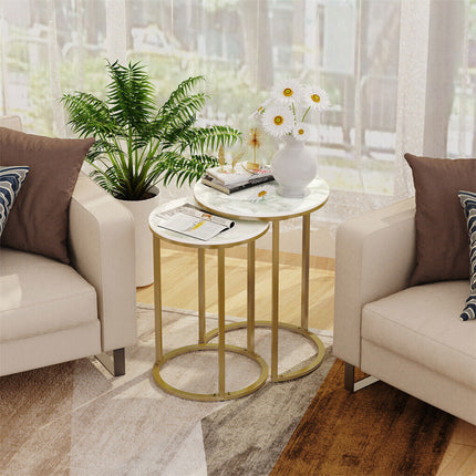 2Pcs Gold Marble Nesting Side End Tables Round Small Stacking Drink Coffee Table.
