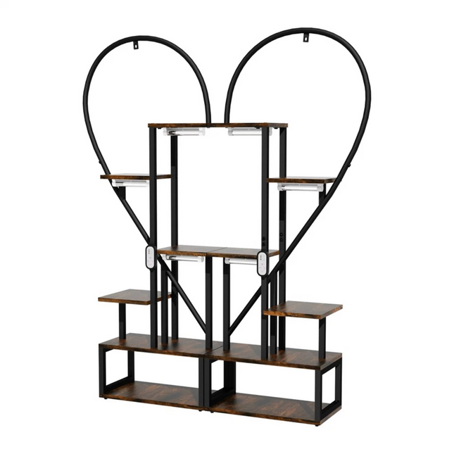 P&P Black & Brown Heart-Shaped Plant Stand with USB Grow Lights for Indoor Plant Display.