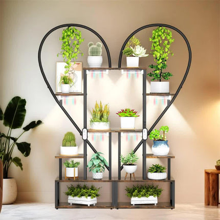 P&P Black & Brown Heart-Shaped Plant Stand with USB Grow Lights for Indoor Plant Display.